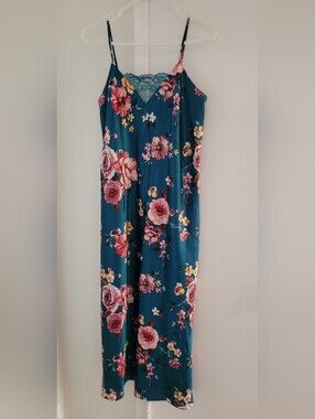 Thalia Sodi Slip Teal Floral Dress with Pink Blooms